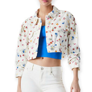 Alice‎ + Olivia Renee Floral Embroidered White Cropped Denim Jean Jacket Small